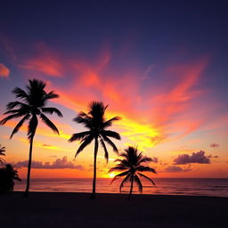 A breathtaking sunset scene over a calm sea, vibrant hues of orange, pink and purple in the sky reflecting off the water