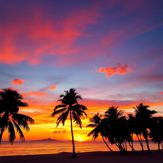 A breathtaking sunset scene over a calm sea, vibrant hues of orange, pink and purple in the sky reflecting off the water