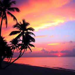 A breathtaking sunset scene over a calm sea, vibrant hues of orange, pink and purple in the sky reflecting off the water