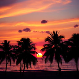 A breathtaking sunset scene over a calm sea, vibrant hues of orange, pink and purple in the sky reflecting off the water