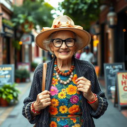 A stylish elderly woman confidently showcasing vibrant granny fashion, featuring a colorful floral dress adorned with layers of unique patterns