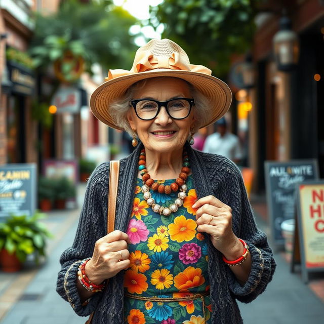 A stylish elderly woman confidently showcasing vibrant granny fashion, featuring a colorful floral dress adorned with layers of unique patterns