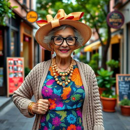 A stylish elderly woman confidently showcasing vibrant granny fashion, featuring a colorful floral dress adorned with layers of unique patterns