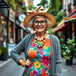A stylish elderly woman confidently showcasing vibrant granny fashion, featuring a colorful floral dress adorned with layers of unique patterns