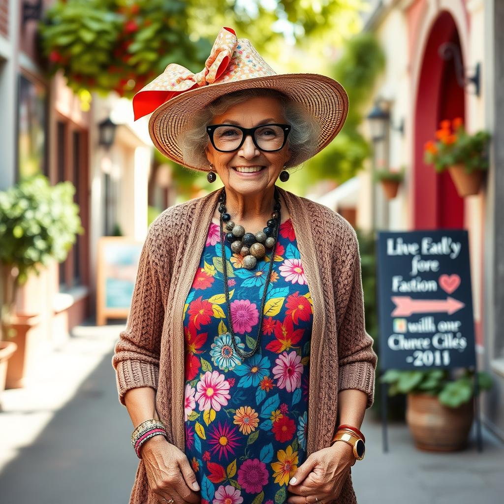 A stylish elderly woman confidently showcasing vibrant granny fashion, featuring a colorful floral dress adorned with layers of unique patterns