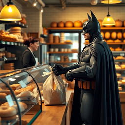 Batman dressed in his iconic black costume and cape, standing in a bustling bakery filled with fresh bread, pastries, and doughnuts