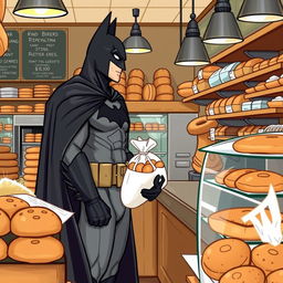 Batman dressed in his iconic black costume and cape, standing in a bustling bakery filled with fresh bread, pastries, and doughnuts