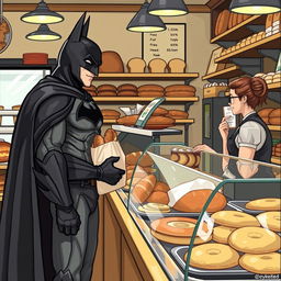 Batman dressed in his iconic black costume and cape, standing in a bustling bakery filled with fresh bread, pastries, and doughnuts