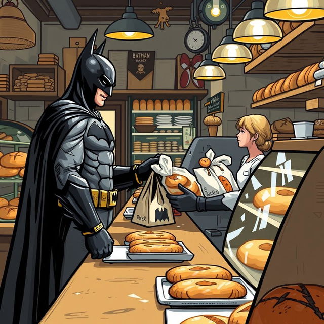 Batman dressed in his iconic black costume and cape, standing in a bustling bakery filled with fresh bread, pastries, and doughnuts