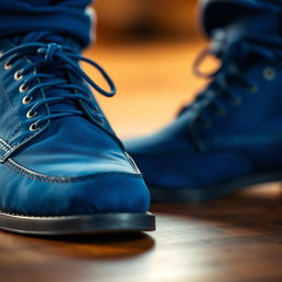 A close-up image of a stylish pair of blue shoes, featuring intricate details like laces, texture, and design elements