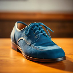 A close-up image of a stylish pair of blue shoes, featuring intricate details like laces, texture, and design elements