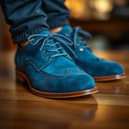 A close-up image of a stylish pair of blue shoes, featuring intricate details like laces, texture, and design elements