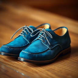 A close-up image of a stylish pair of blue shoes, featuring intricate details like laces, texture, and design elements