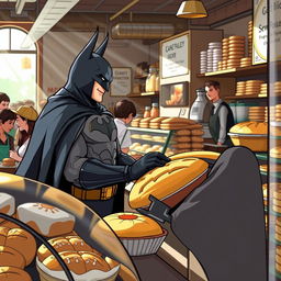 Batman in a bustling bakery, selecting fresh bread from a display