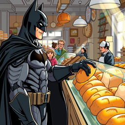 Batman in a bustling bakery, selecting fresh bread from a display