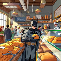 Batman in a bustling bakery, selecting fresh bread from a display