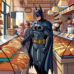 Batman in a bustling bakery, selecting fresh bread from a display