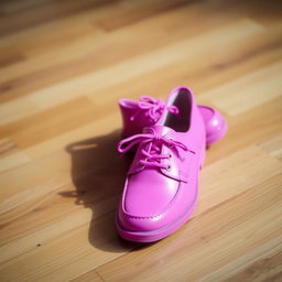 A stylish pair of vibrant pink shoes elegantly placed on a wooden floor
