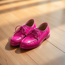 A stylish pair of vibrant pink shoes elegantly placed on a wooden floor