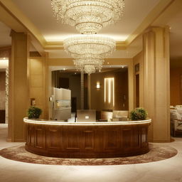 A warm and cozy reception area, lavishly furnished with luxurious furniture, indicating a high level of comfort and elegance.