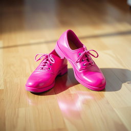 A stylish pair of vibrant pink shoes elegantly placed on a wooden floor
