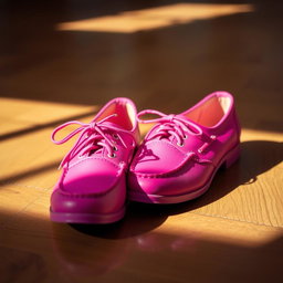A stylish pair of vibrant pink shoes elegantly placed on a wooden floor