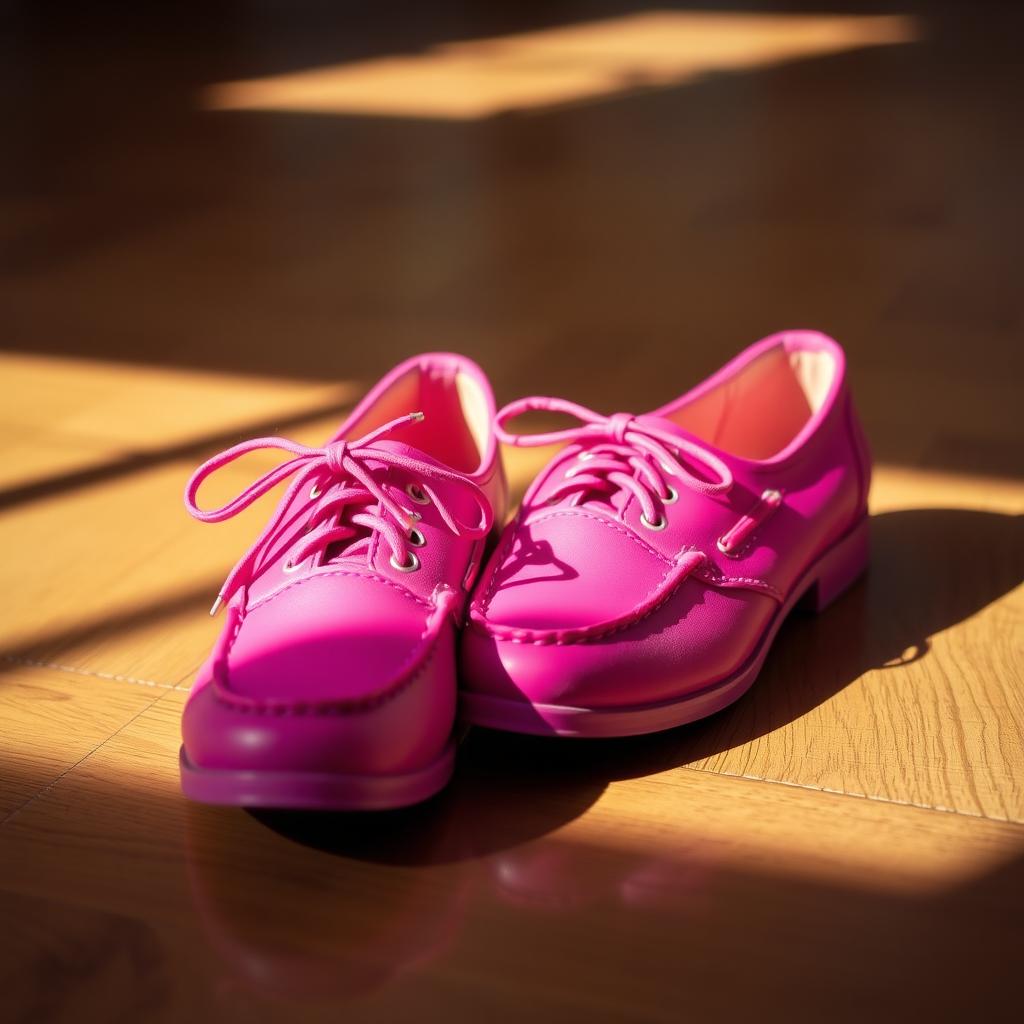 A stylish pair of vibrant pink shoes elegantly placed on a wooden floor