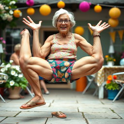 A humorous and playful depiction of an elderly woman with strong, muscular legs, showcasing her spirit and vitality