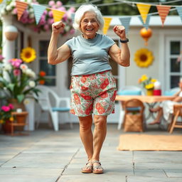 A humorous and playful depiction of an elderly woman with strong, muscular legs, showcasing her spirit and vitality