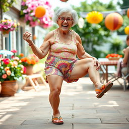 A humorous and playful depiction of an elderly woman with strong, muscular legs, showcasing her spirit and vitality