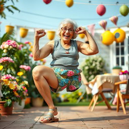 A humorous and playful depiction of an elderly woman with strong, muscular legs, showcasing her spirit and vitality