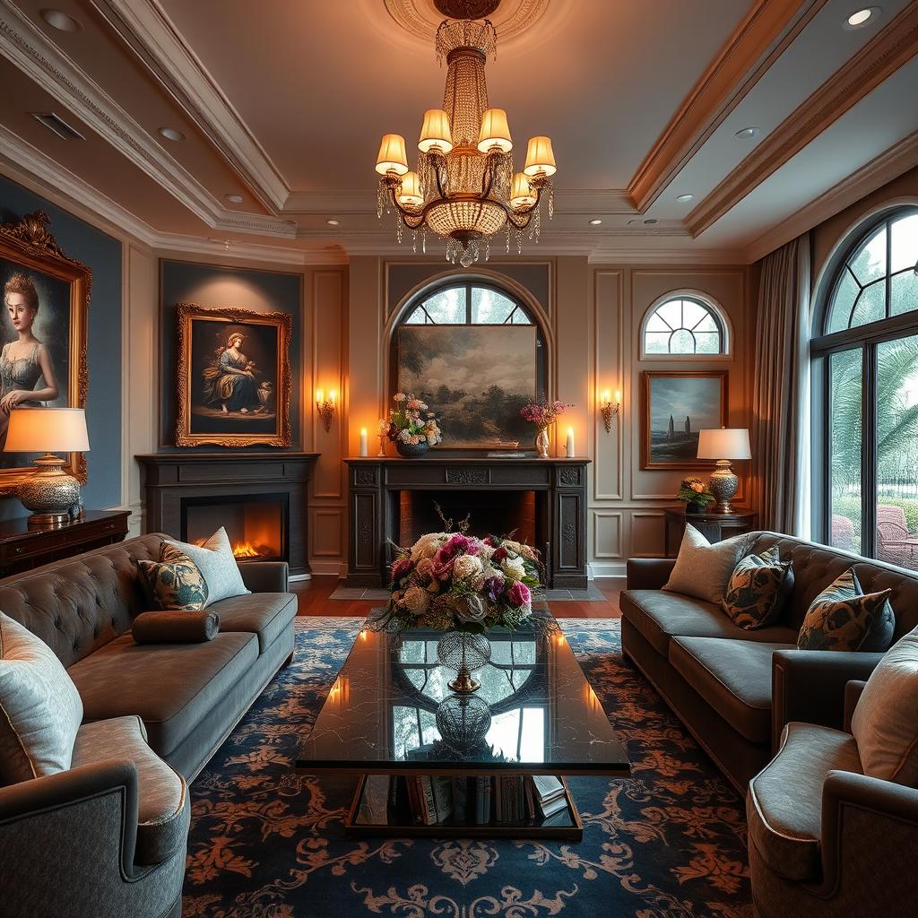 A luxurious, inviting living room elegantly decorated with rich, plush furniture, soft warm lighting, and tasteful art pieces on the walls