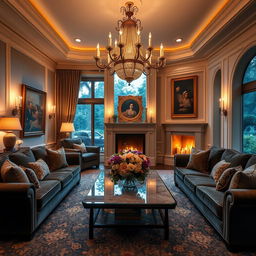 A luxurious, inviting living room elegantly decorated with rich, plush furniture, soft warm lighting, and tasteful art pieces on the walls