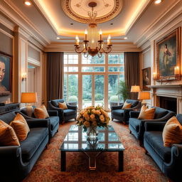 A luxurious, inviting living room elegantly decorated with rich, plush furniture, soft warm lighting, and tasteful art pieces on the walls