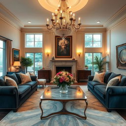 A luxurious, inviting living room elegantly decorated with rich, plush furniture, soft warm lighting, and tasteful art pieces on the walls
