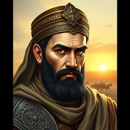 A detailed portrait of Abbas ibn Ali, the brother of Imam Hussein, showcasing his strong, noble features