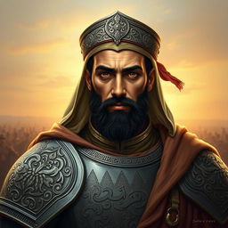 A detailed portrait of Abbas ibn Ali, the brother of Imam Hussein, showcasing his strong, noble features