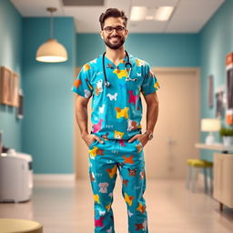 A full-body view of a male veterinarian dressed in a stylish veterinary uniform