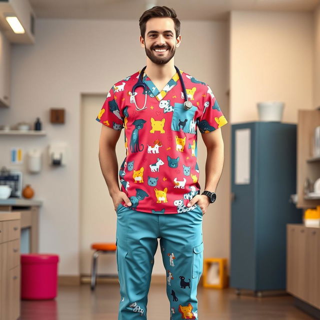 A full-body view of a male veterinarian dressed in a stylish veterinary uniform