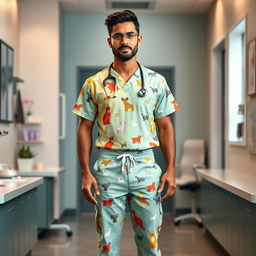 A full-body view of a male veterinarian dressed in a stylish veterinary uniform