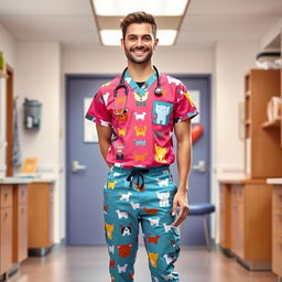 A full-body view of a male veterinarian dressed in a stylish veterinary uniform