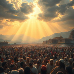 A dramatic scene depicting the Day of Resurrection, showcasing a vast landscape filled with people awakening from their graves, surrounded by divine light and vivid colors