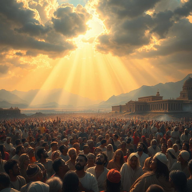 A dramatic scene depicting the Day of Resurrection, showcasing a vast landscape filled with people awakening from their graves, surrounded by divine light and vivid colors