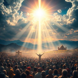 A dramatic scene depicting the Day of Resurrection, showcasing a vast landscape filled with people awakening from their graves, surrounded by divine light and vivid colors