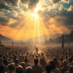 A dramatic scene depicting the Day of Resurrection, showcasing a vast landscape filled with people awakening from their graves, surrounded by divine light and vivid colors