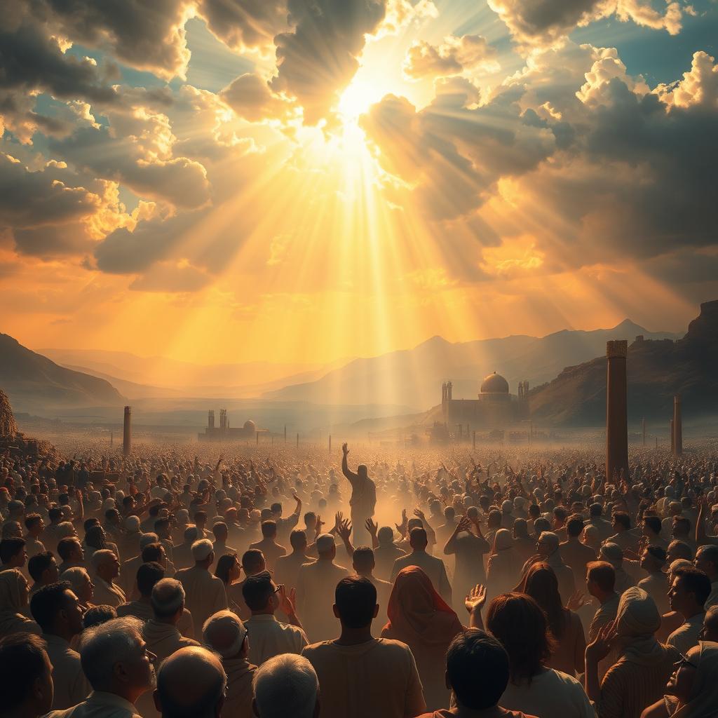A dramatic scene depicting the Day of Resurrection, showcasing a vast landscape filled with people awakening from their graves, surrounded by divine light and vivid colors