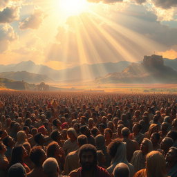 A dramatic scene depicting the Day of Resurrection, showcasing a vast landscape filled with people awakening from their graves, surrounded by divine light and vivid colors