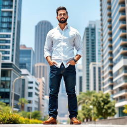 A tall, confident man standing upright with a strong posture