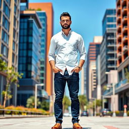 A tall, confident man standing upright with a strong posture