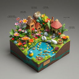 A vibrant 3D diorama depicting a hypothetical community teeming with life, showcasing various organisms such as plants, animals, and insects interacting within their ecosystem